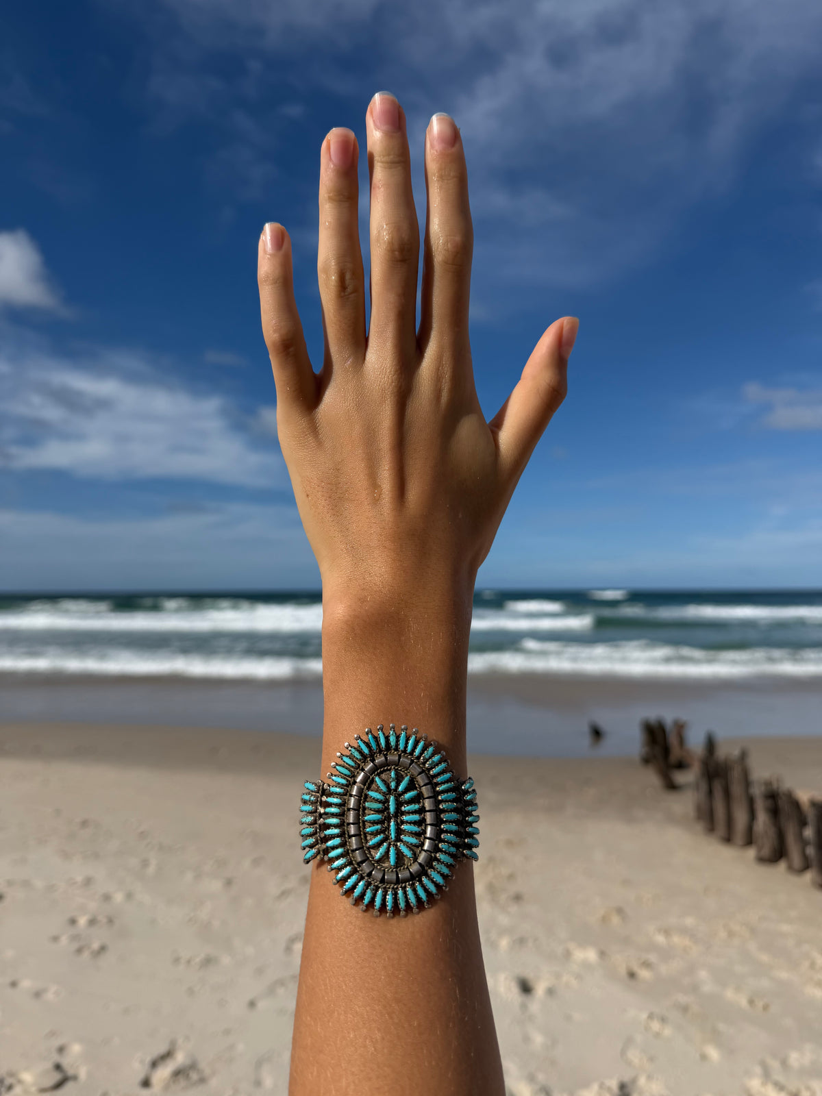 Signed Vintage Zuni Turquoise Cluster Cuff Bracelet