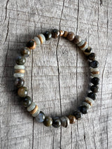 Petra Bracelet - Glaucophane / Amazonite / Picture Jasper + Navajo Bench Pearl 925