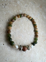Fertility Petra Bracelet - Picture Jasper / Jade / Unakite + White Pearl + Navajo Bench Pearl 925
