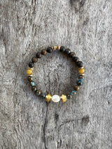 Petra Bracelet - Lake Blue Variscite / Bronzite / Yellow Pietersite + White Pearl