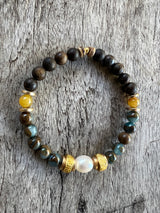Petra Bracelet - Lake Blue Variscite / Bronzite / Yellow Pietersite + White Pearl