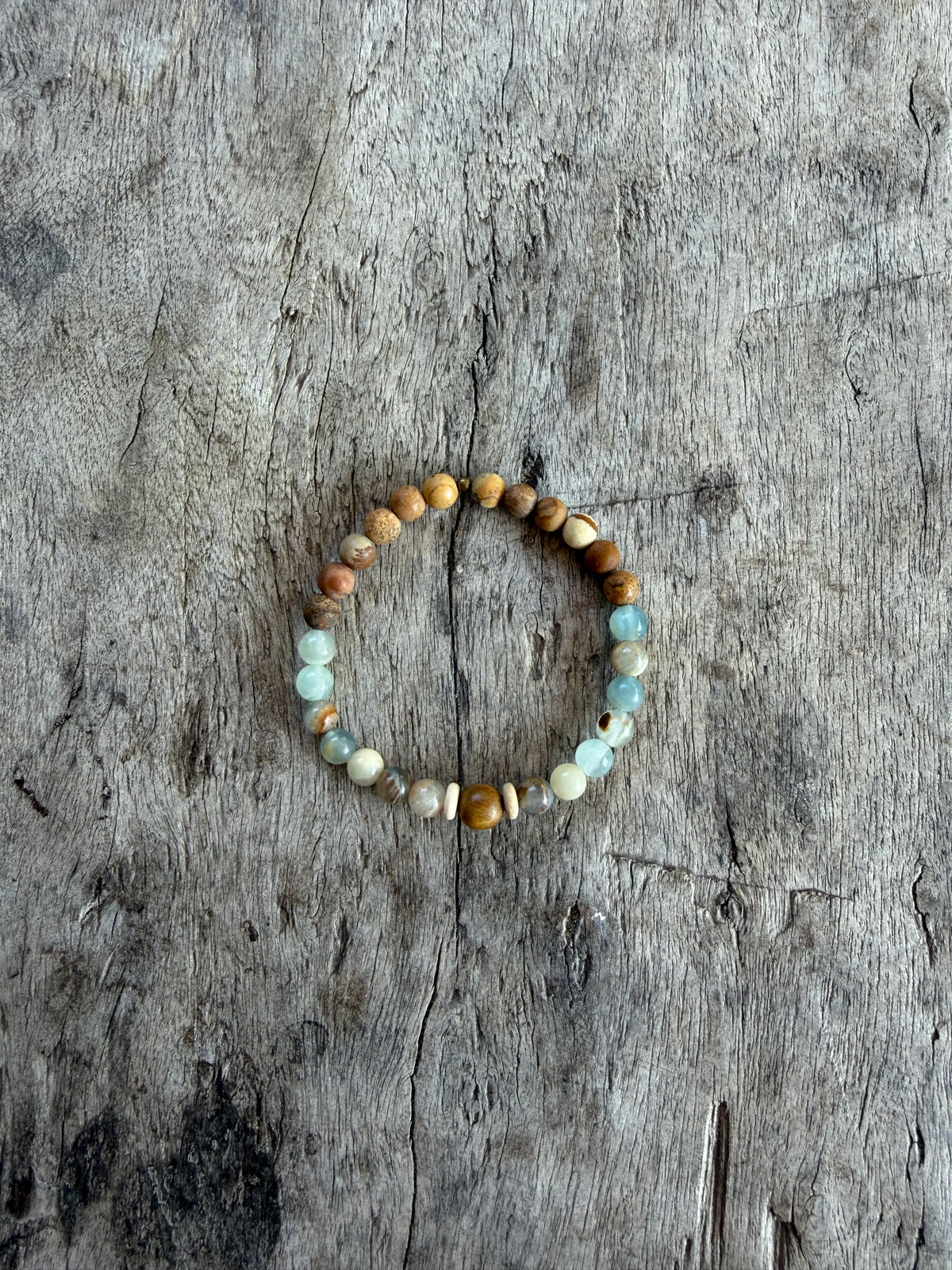 Petra Bracelet - Picture Jasper / Blue Argentinian Calcite / Gold Silk Sandalwood