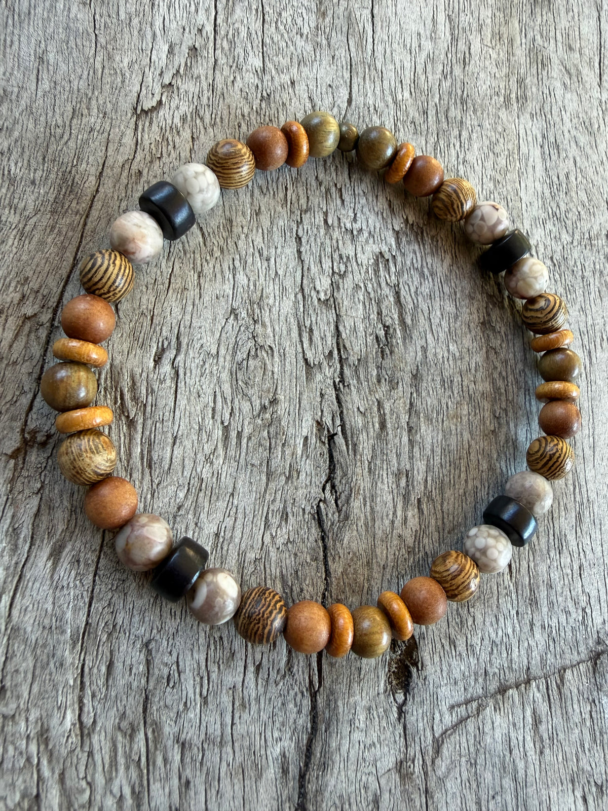Petra Bracelet - Gold Silk Sandalwood / Maifanite / Natural Wooden Beads