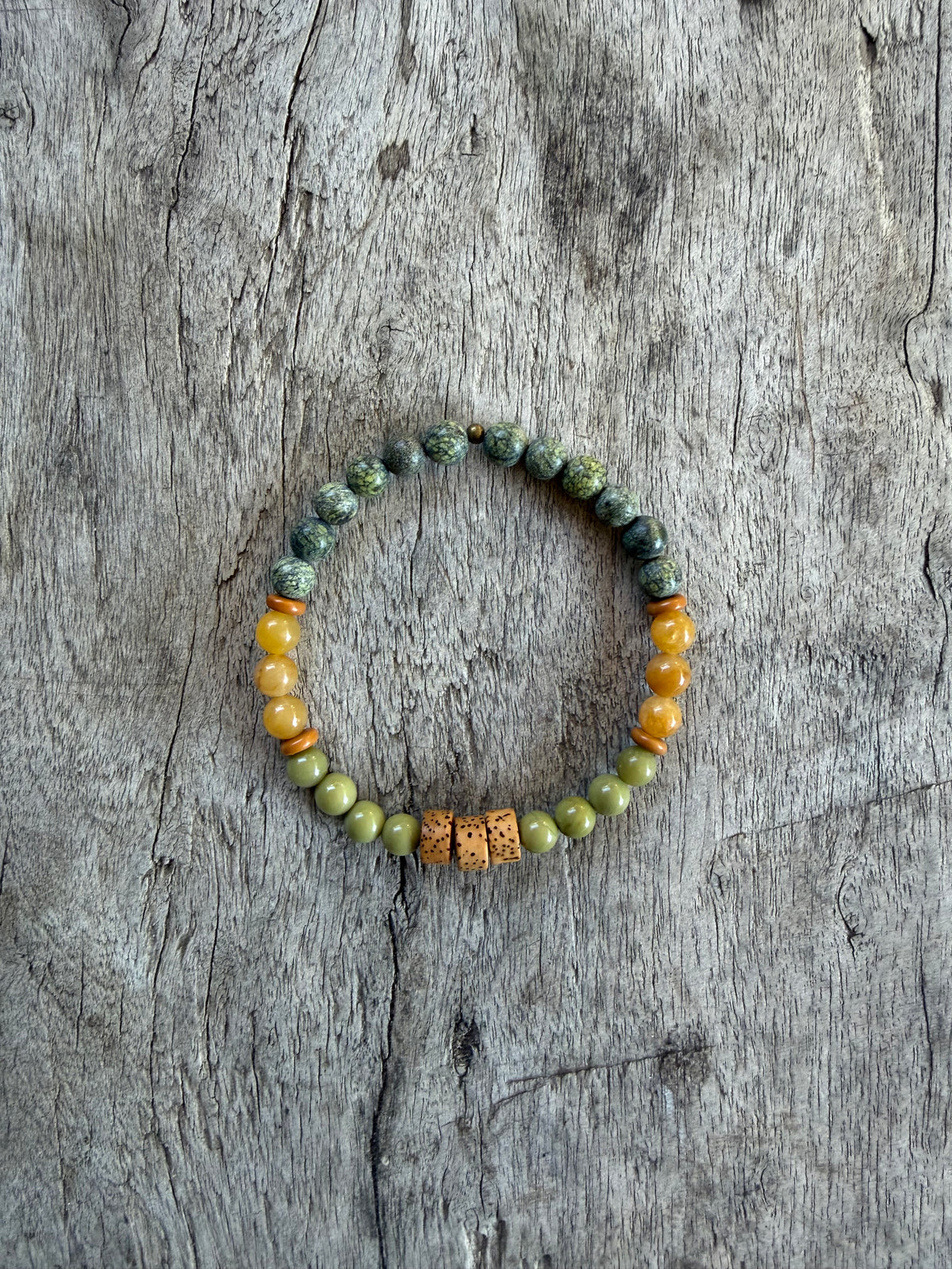 Petra Bracelet - Serpentine / Avocado Jasper / Yellow Topaz / Olive Walnut / Bodhi Bead