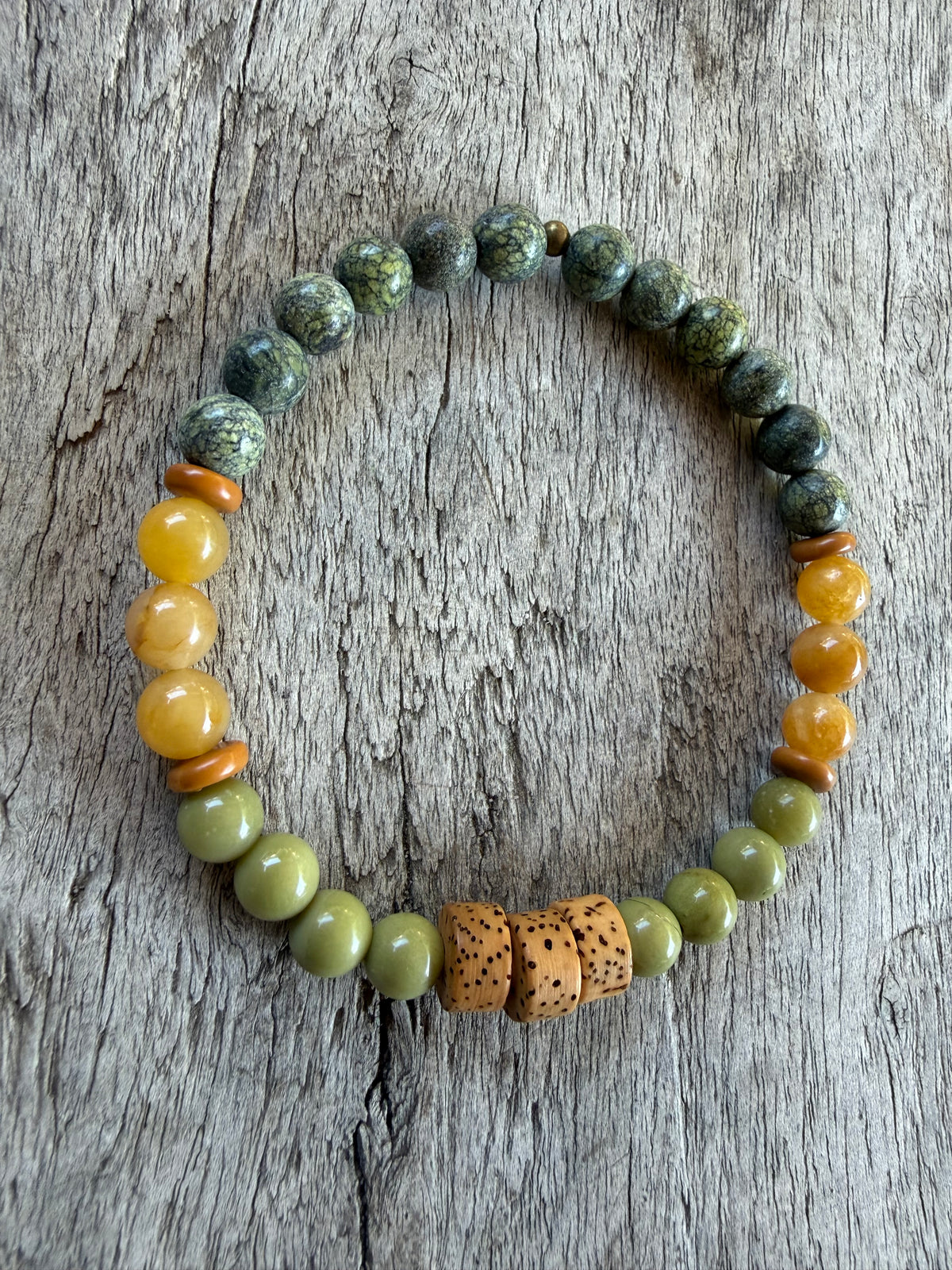 Petra Bracelet - Serpentine / Avocado Jasper / Yellow Topaz / Olive Walnut / Bodhi Bead