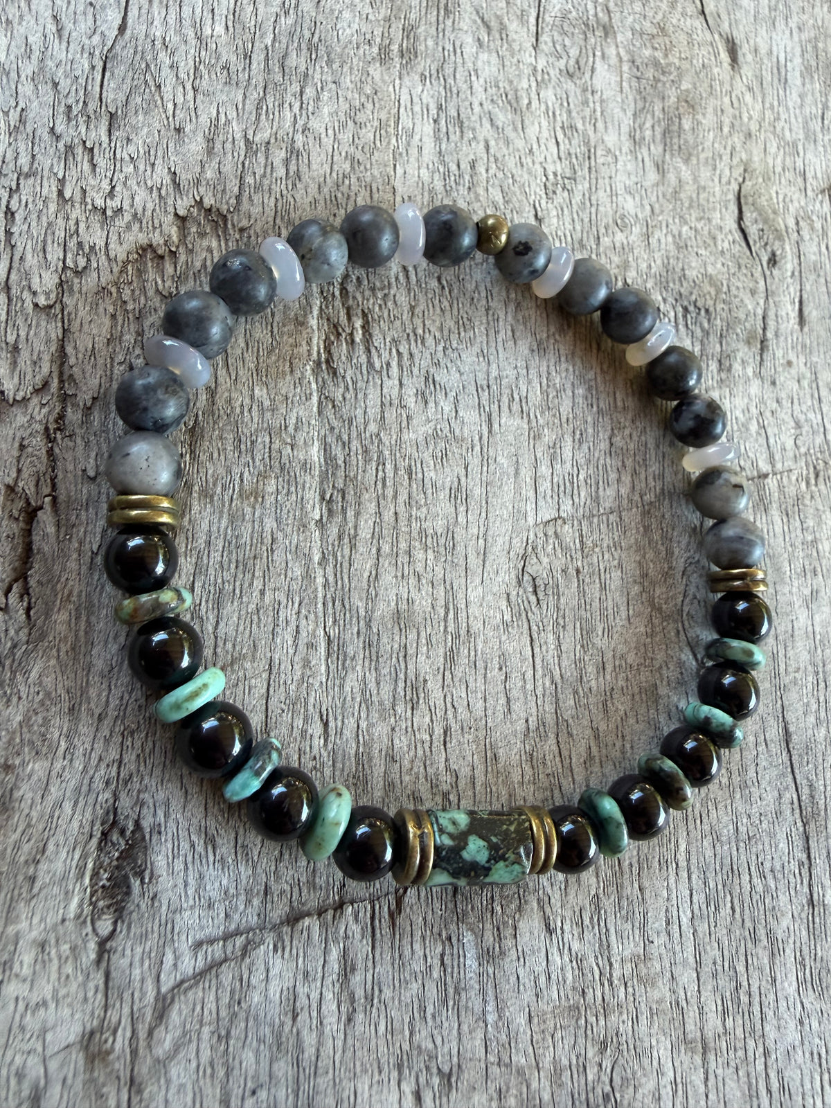 Petra Bracelet - Larvikite / Black Tourmaline / African Turquoise / Grey Agate