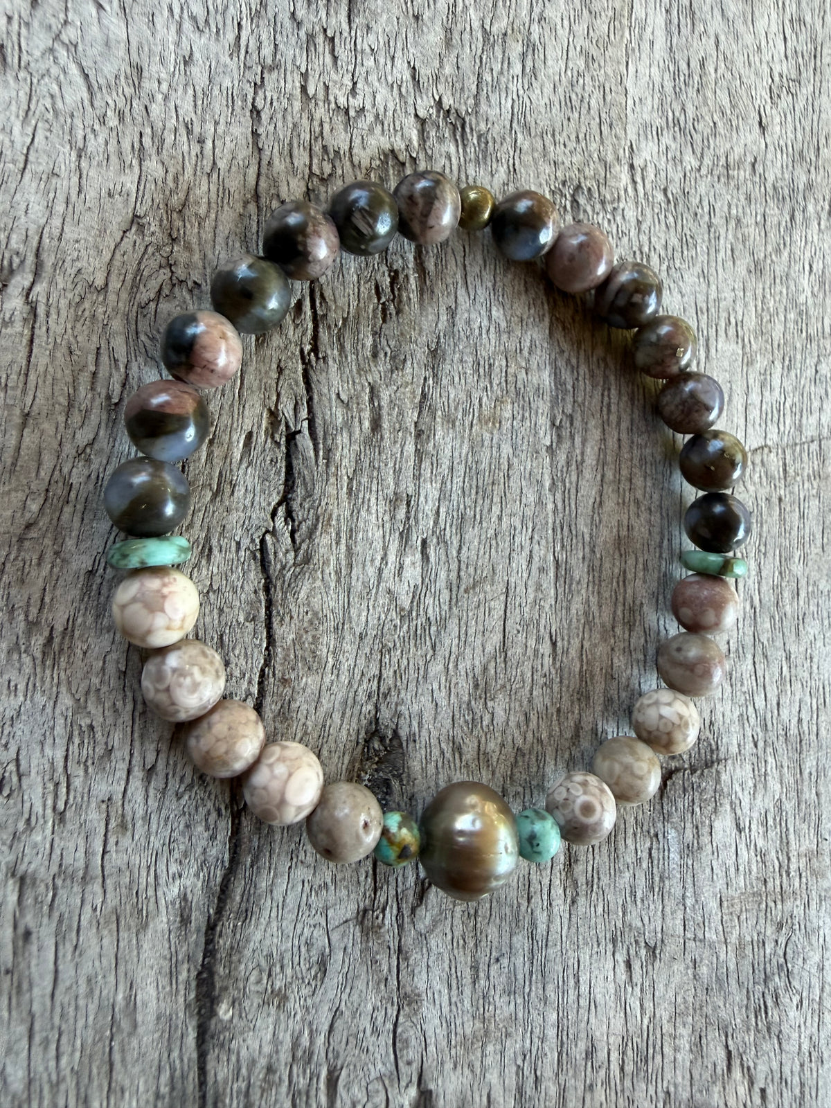 Petra Bracelet - Glaucophane / Maifanite / African Turquoise + Black Pearl