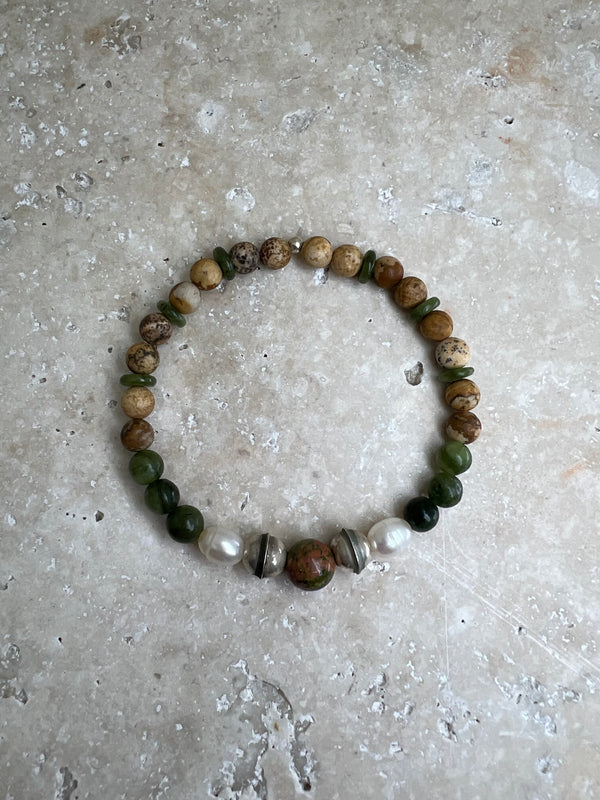 Fertility Petra Bracelet - Picture Jasper / Jade / Unakite + White Pearl + Navajo Bench Pearl 925