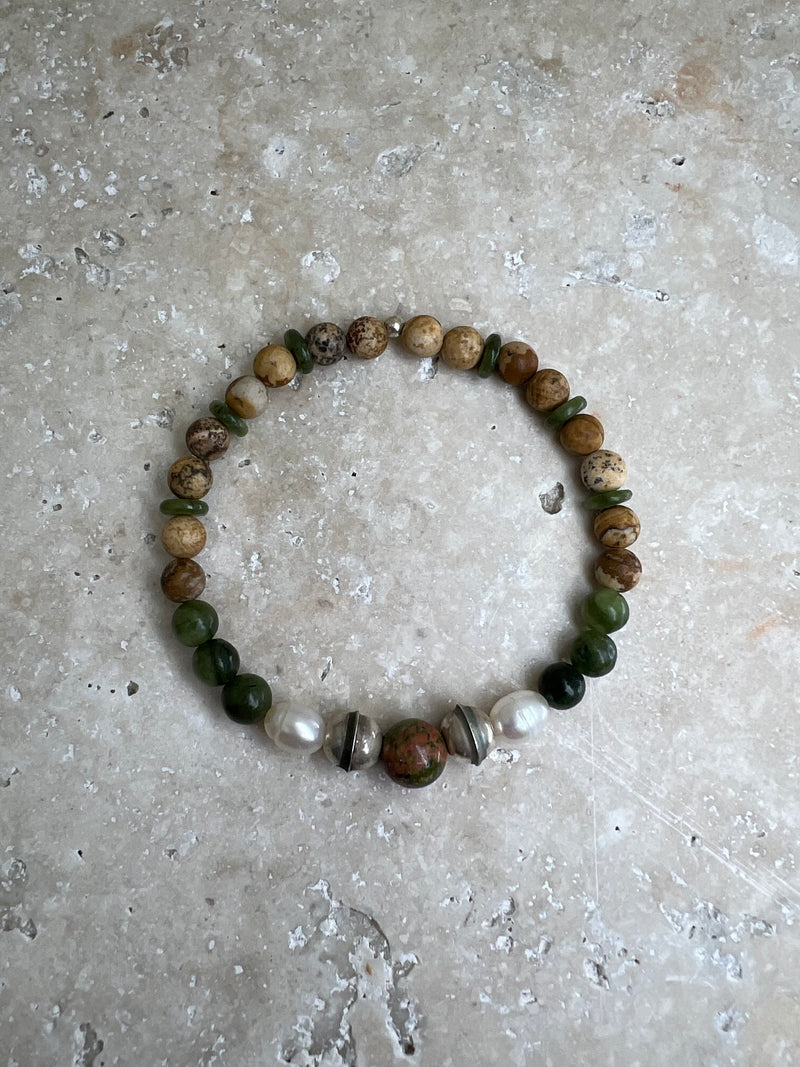 Fertility Petra Bracelet - Picture Jasper / Jade / Unakite + White Pearl + Navajo Bench Pearl 925