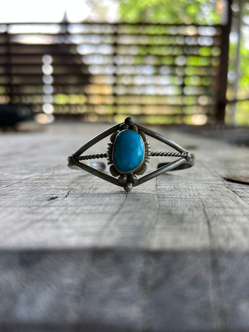 Signed Handmade Vintage Navajo Sleeping Beauty Turquoise Cuff