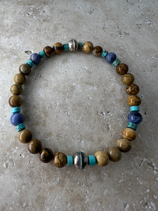 Petra Bracelet - Picture Jasper / Blue Vein Stone / Turquoise + Navajo Bench Pearl 925