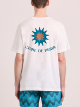 DINIS PRINTED 'CLUB DU PRAIA' COTTON T-SHIRT - TEAL & CARAMEL