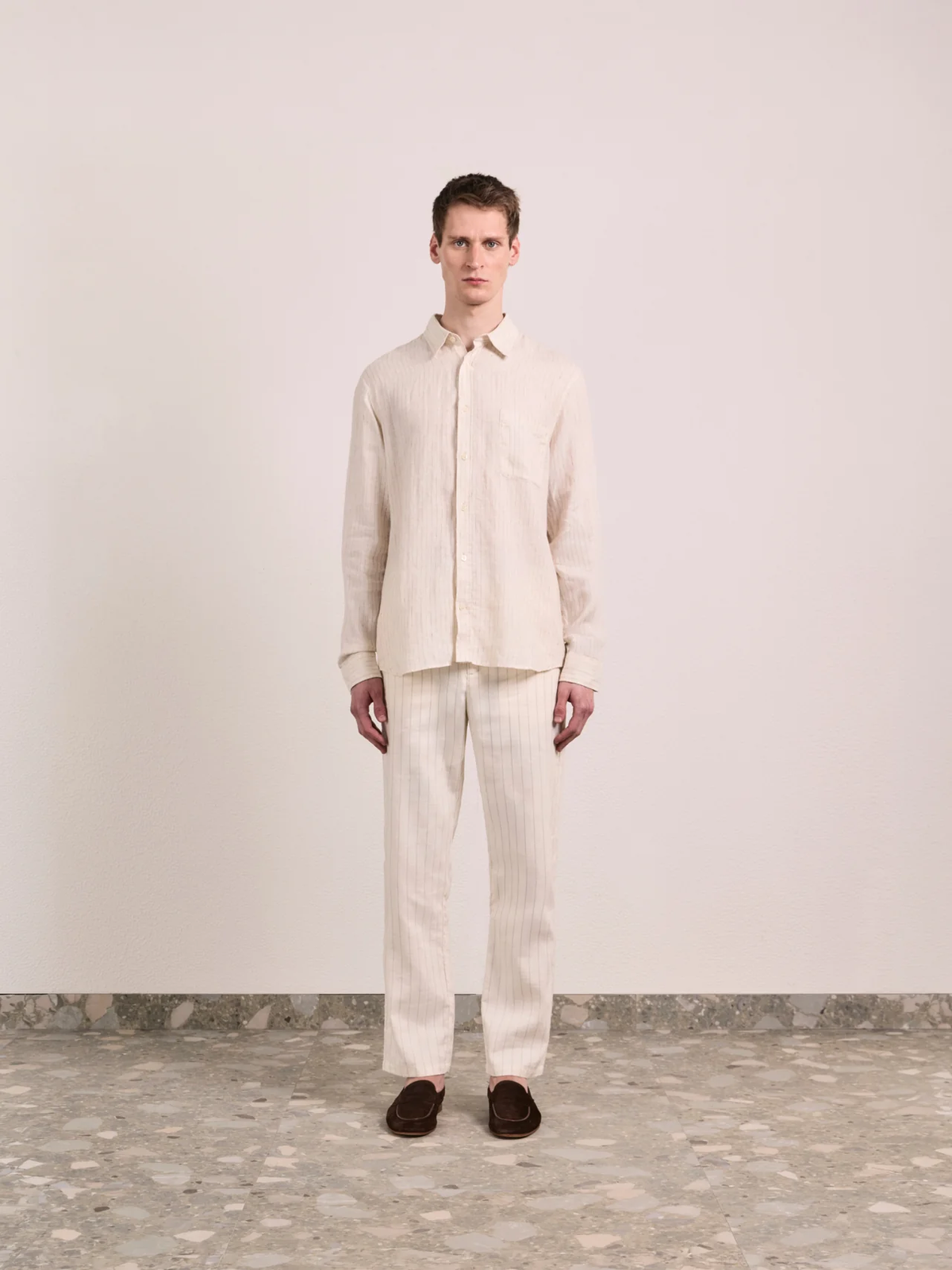 TELLES LINEN SHIRT - White with Brown Stripe