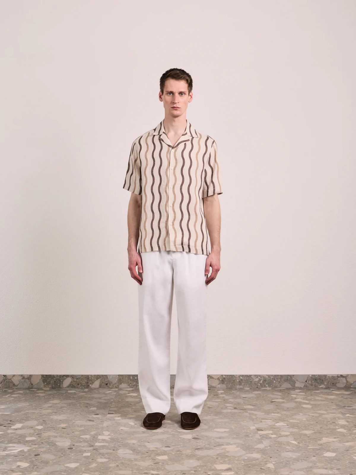ROBERTO CABANA PINSTRIPE PRINT LINEN SHIRT - CACAO