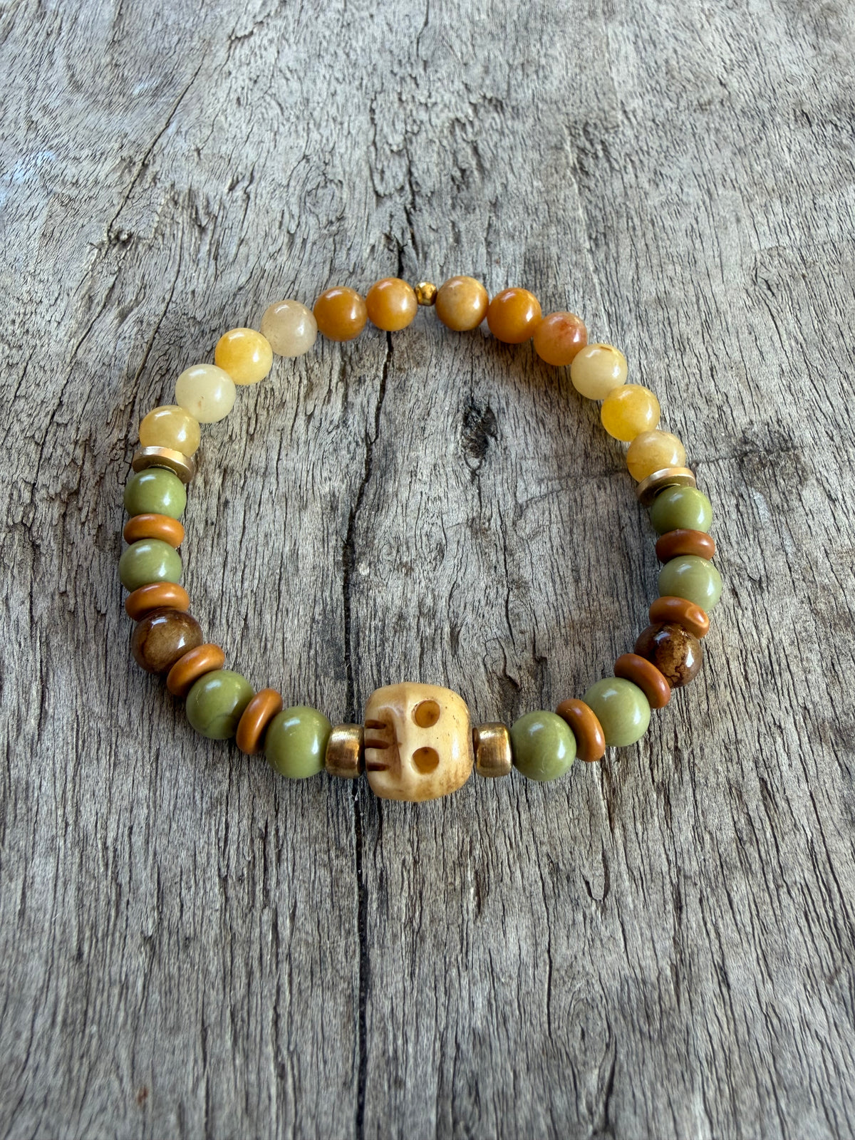 Petra Bracelet - Yellow Topaz / Avocado Jasper / Brown Persian Jade / Olive Walnut + Ox Bone
