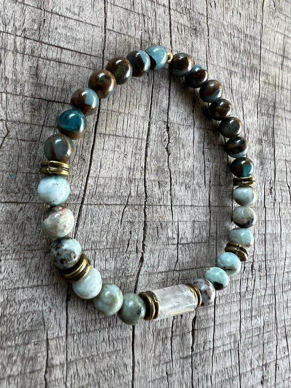 Petra Bracelet - Lake Blue Variscite / Larimar / Black Rutilated Quartz