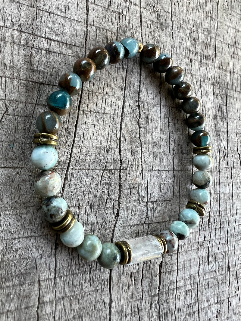Petra Bracelet - Lake Blue Variscite / Larimar / Black Rutilated Quartz