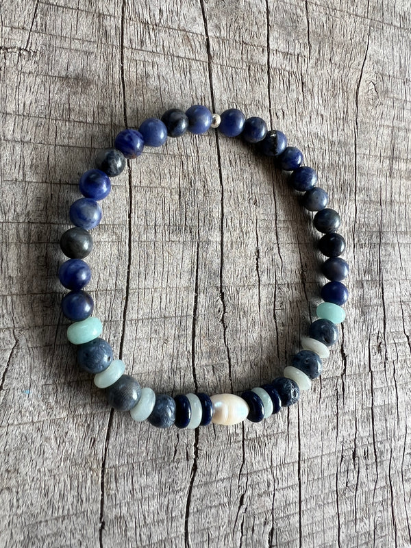 Petra Bracelet - Sodalite / Amazonite / Blue Coral / Blue Sandstone + White Pearl