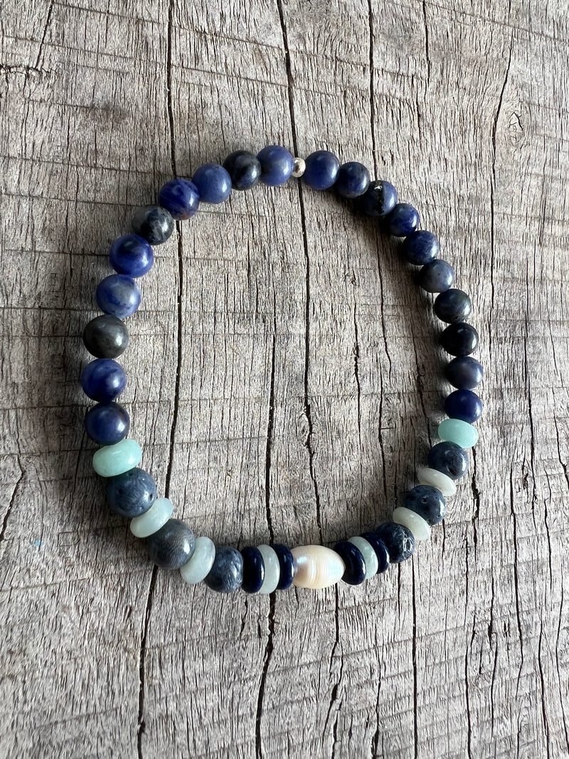 Petra Bracelet - Sodalite / Amazonite / Blue Coral / Blue Sandstone + White Pearl