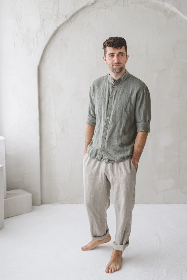 Long Sleeve Linen Shirt - Forest Green