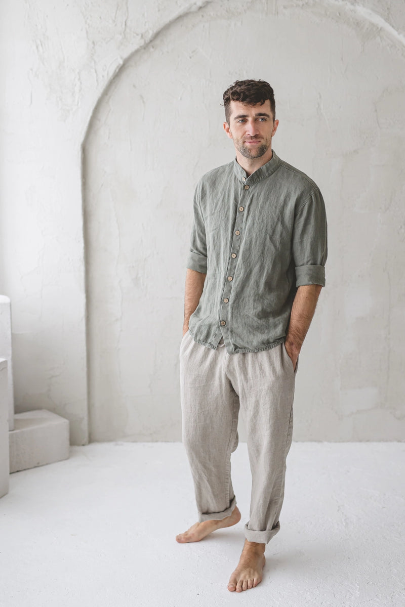 Long Sleeve Linen Shirt - Forest Green