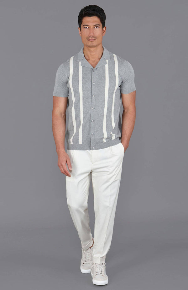 Ultra Fine Cotton Cuban Collar Striped Shirt - Ash Grey