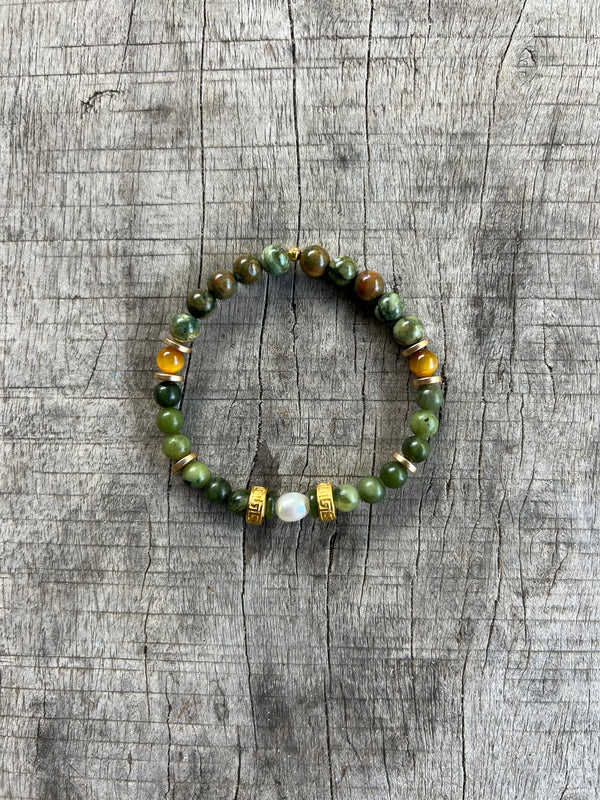 Petra Bracelet - Jade / Rainforest Jasper / Pietersite + White Pearl