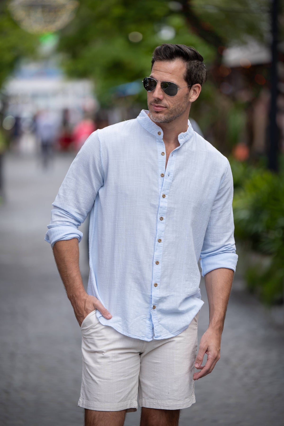 Luigi Mandarin Collar Shirt - Sky Blue