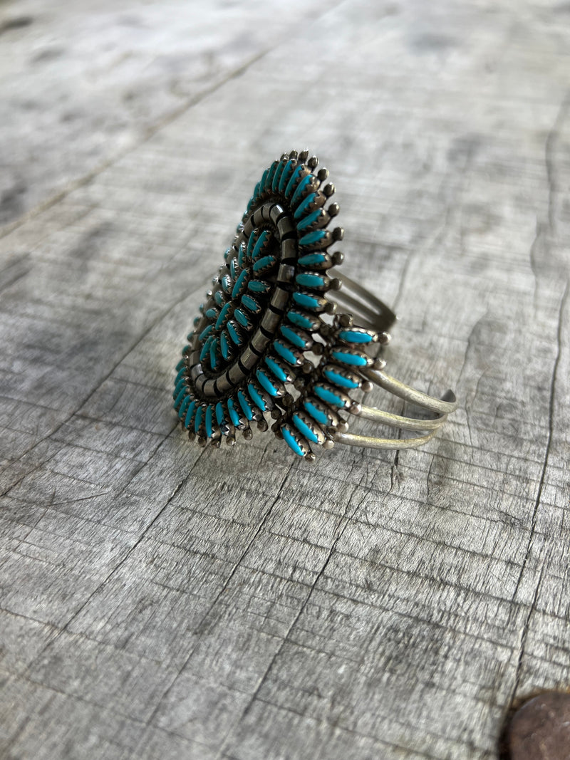 Signed Vintage Zuni Turquoise Cluster Cuff Bracelet