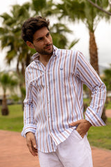 Striped Linen Shirt - Light Blue/Brown