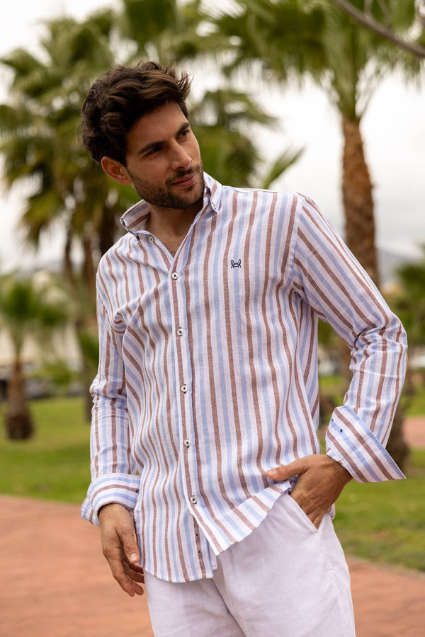 Striped Linen Shirt - Light Blue/Brown