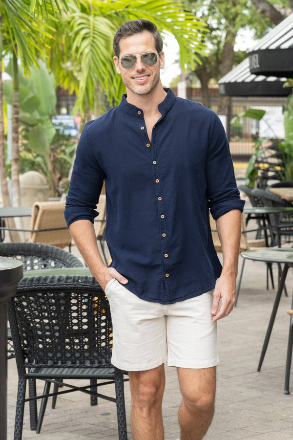 Mandarin Collar Linen Shirt - Dark Blue