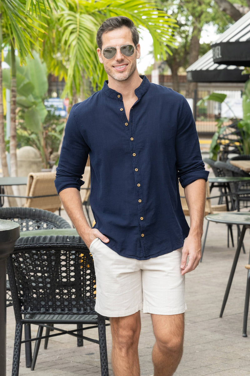 Mandarin Collar Linen Shirt - Dark Blue