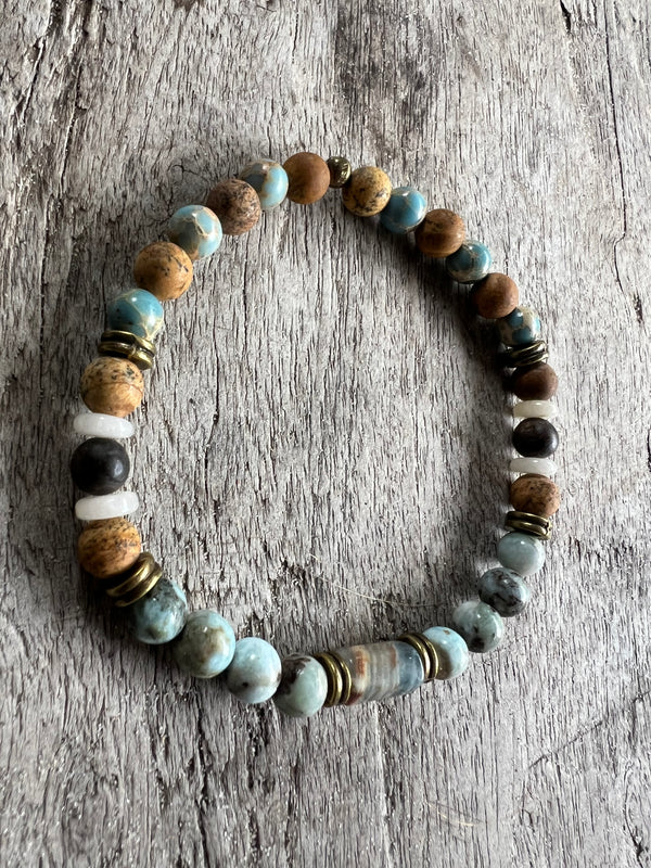Petra Bracelet - Picture Jasper / Larimar / Turquoise Sea Sediment Jasper / Bronzite / Topaz / Blue Argentinian Calcite