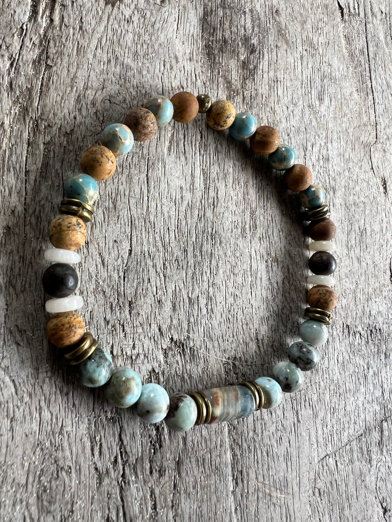 Petra Bracelet - Picture Jasper / Larimar / Turquoise Sea Sediment Jasper / Bronzite / Topaz / Blue Argentinian Calcite