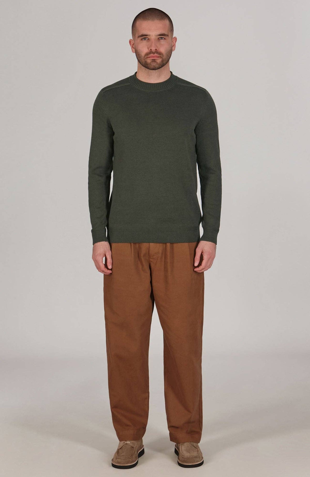 Lightweight Cotton Linen Blend Jumper - Dark Olive