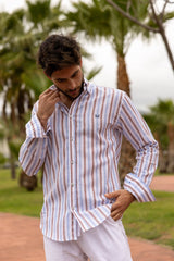 Striped Linen Shirt - Light Blue/Brown