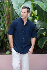 Rossi Short Sleeve Mandarin Shirt - Navy