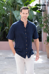Rossi Short Sleeve Mandarin Shirt - Navy