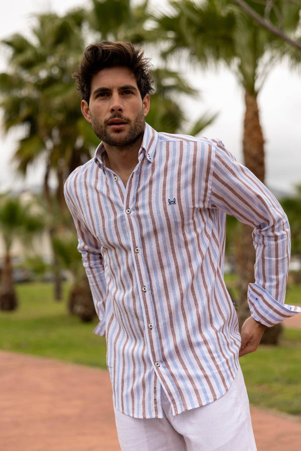 Striped Linen Shirt - Light Blue/Brown