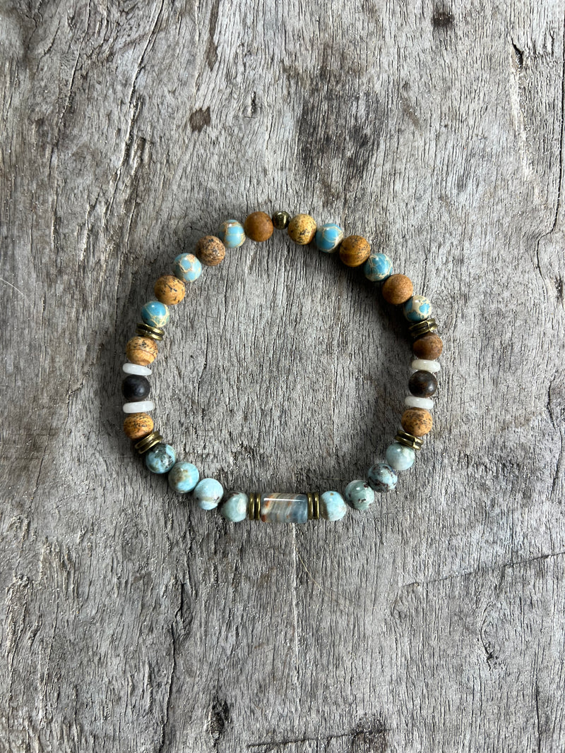 Petra Bracelet - Picture Jasper / Larimar / Turquoise Sea Sediment Jasper / Bronzite / Topaz / Blue Argentinian Calcite