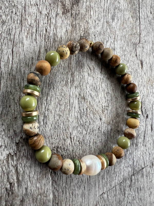 Petra Bracelet - Picture Jasper / Avocado Jasper / Jade + White Pearl