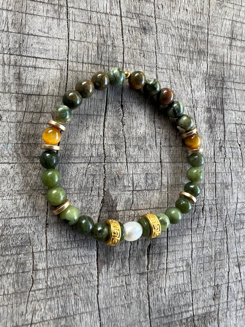 Petra Bracelet - Jade / Rainforest Jasper / Pietersite + White Pearl