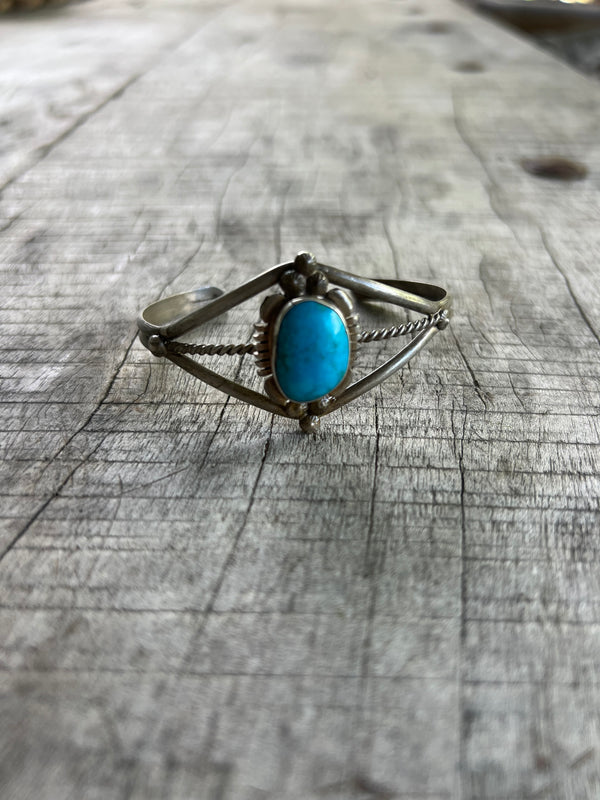 Signed Handmade Vintage Navajo Sleeping Beauty Turquoise Cuff
