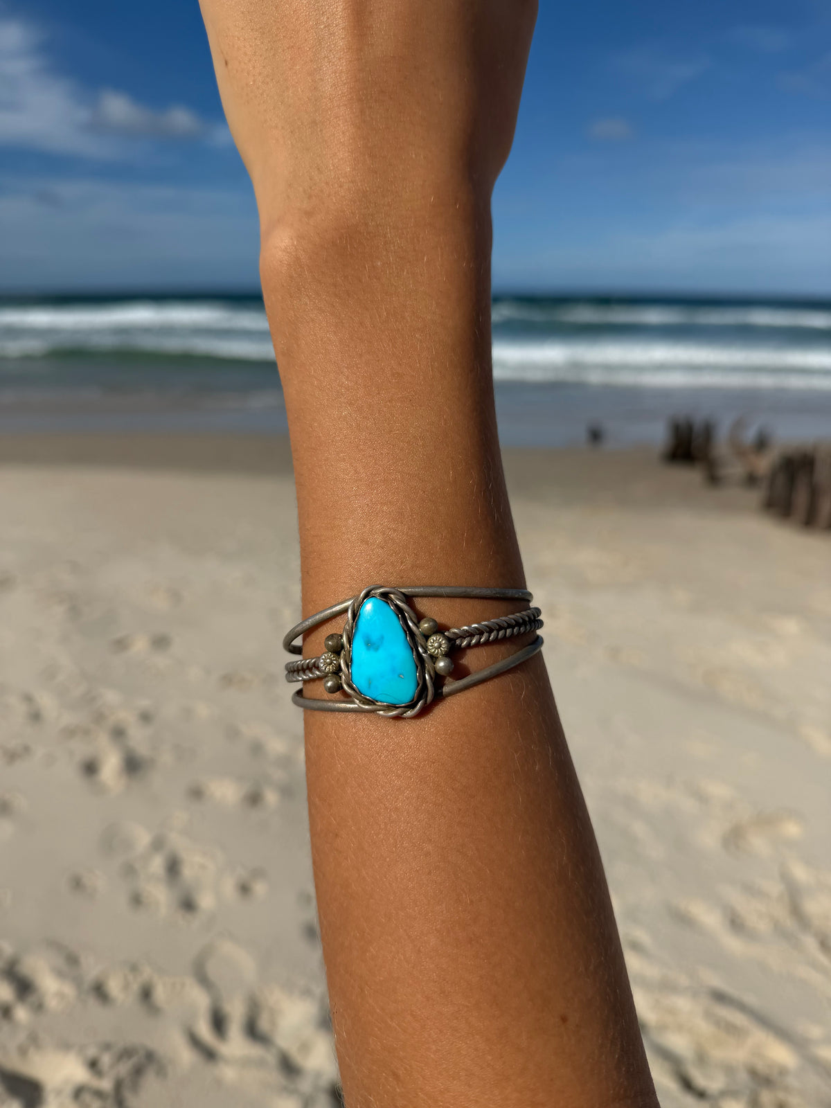 Signed Vintage Navajo Sleeping Beauty Turquoise Bangle