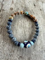 Petra Bracelet - Blue Coral / Turquoise Sea Sediment Jasper / Blue Sandstone / Amazonite + Mati