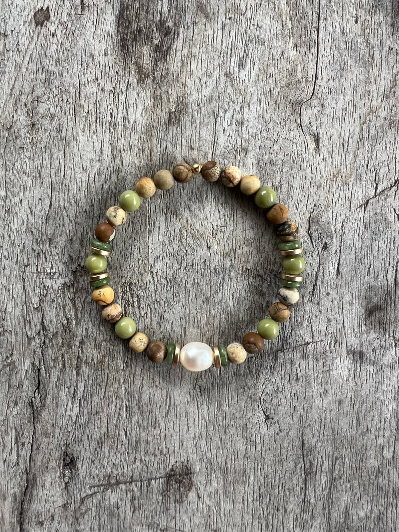 Petra Bracelet - Picture Jasper / Avocado Jasper / Jade + White Pearl