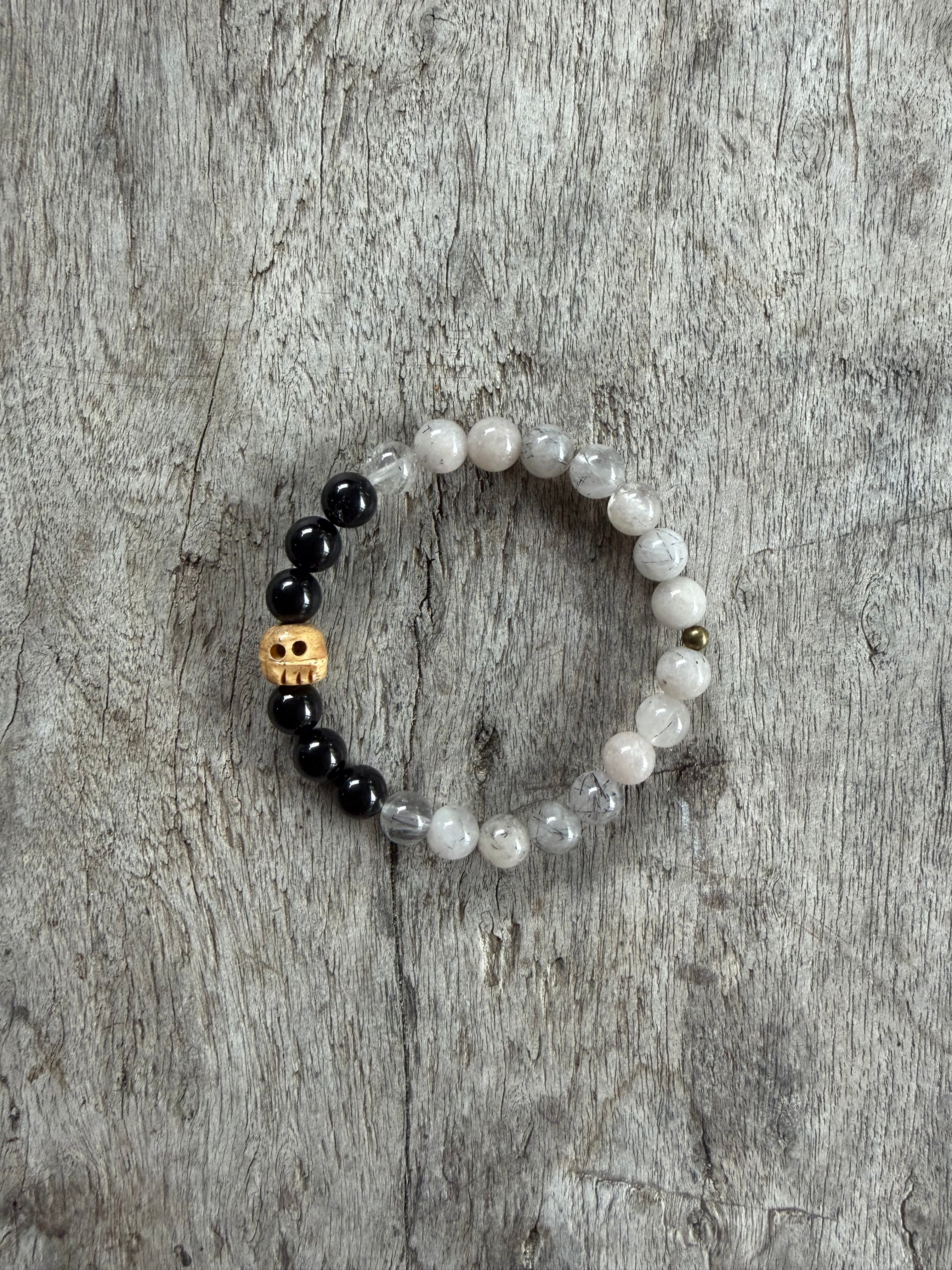Petra Bracelet - Obsidian / Rutilated Quartz + Ox Bone
