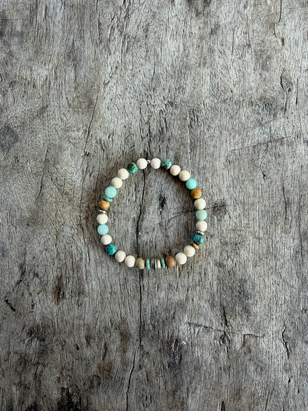 Petra Bracelet - Fossil / Amazonite / African Turquoise / Picture Jasper + Navajo Bench Pearl 925
