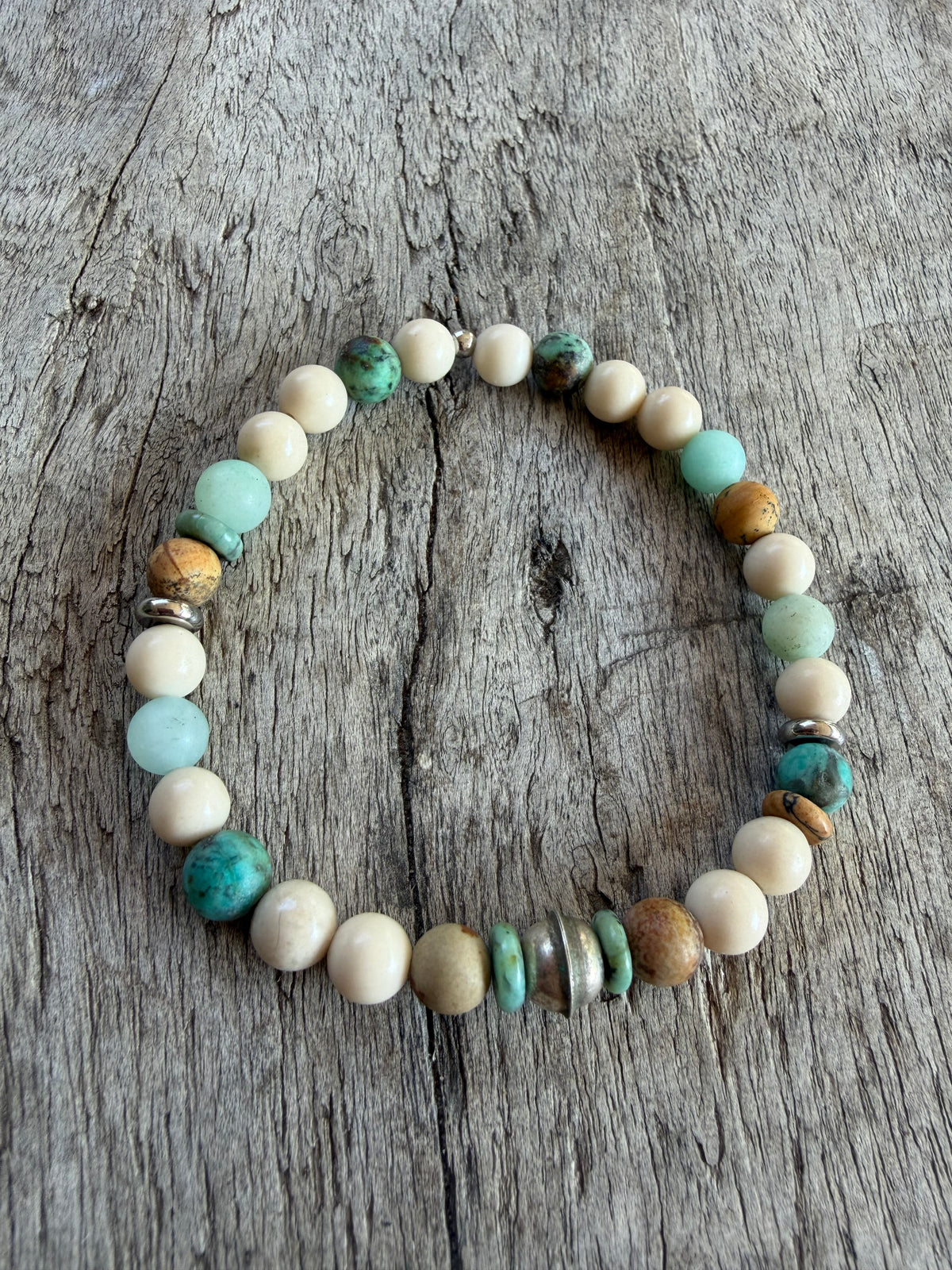 Petra Bracelet - Fossil / Amazonite / African Turquoise / Picture Jasper + Navajo Bench Pearl 925